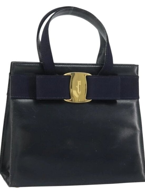 Salvatore Ferragamo Handbags - Salvatore Ferragamo Vala Hand Bag Leather Navy Gold Auth BA8854